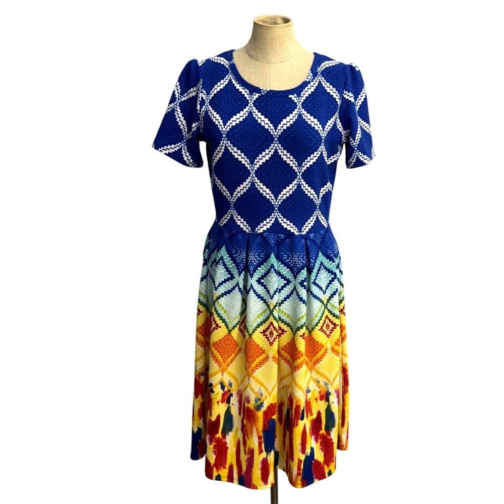 Lularoe Amelia Dress L Midi Sunset Watercolor Blue Yellow Geometry Artsy Coastal